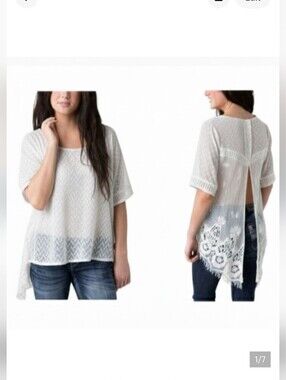 BKE Red Women Large White Lace Open Back High/Low Blouse Boho Festival Top